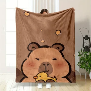 Soft Flannel Cartoon Capybara with Duck Print Throw Blanket -
